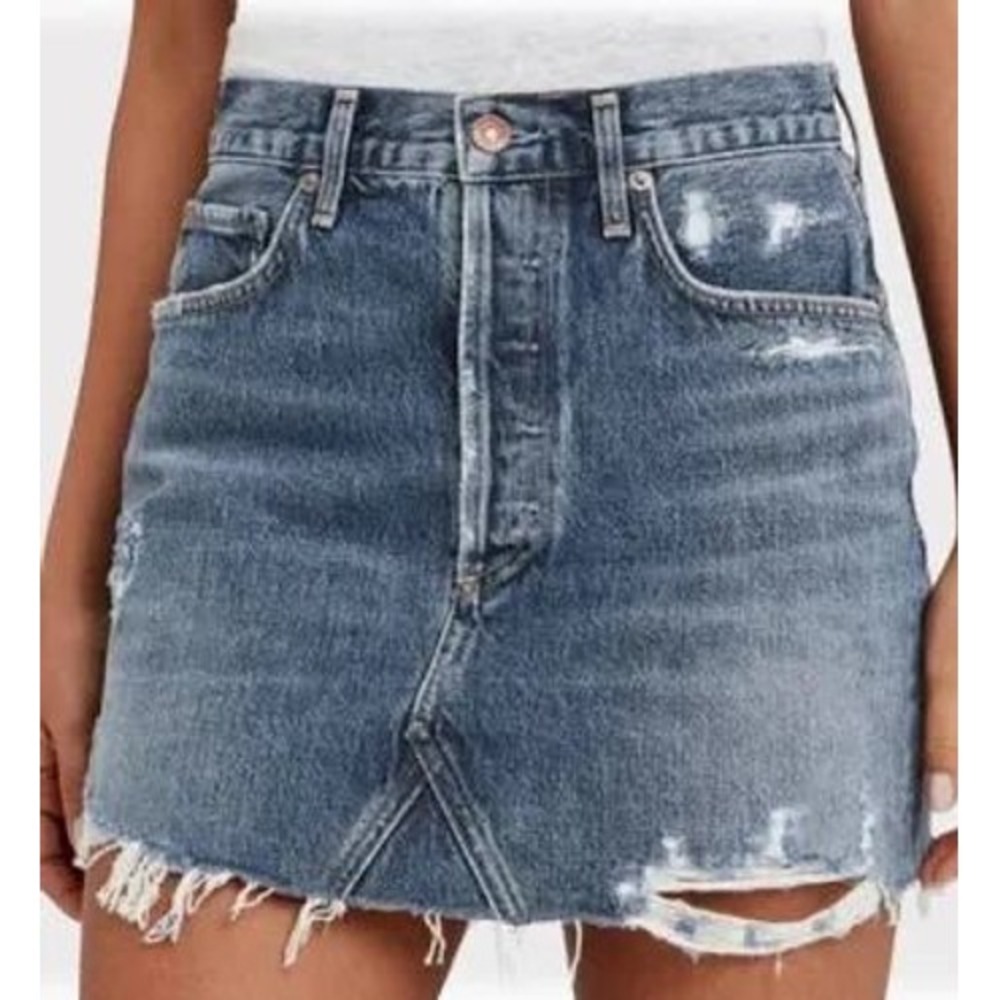 AGOLDE Denim Jean Mini Skirt Size 27 Distressed Blue Raw Hem Button Fly